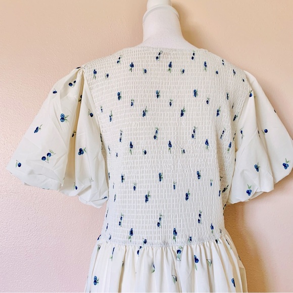 NoliaBae Ivory Lace Smocked Blueberry Print Maxi Dress with Puff Sleeves. - Picture 7 of 12